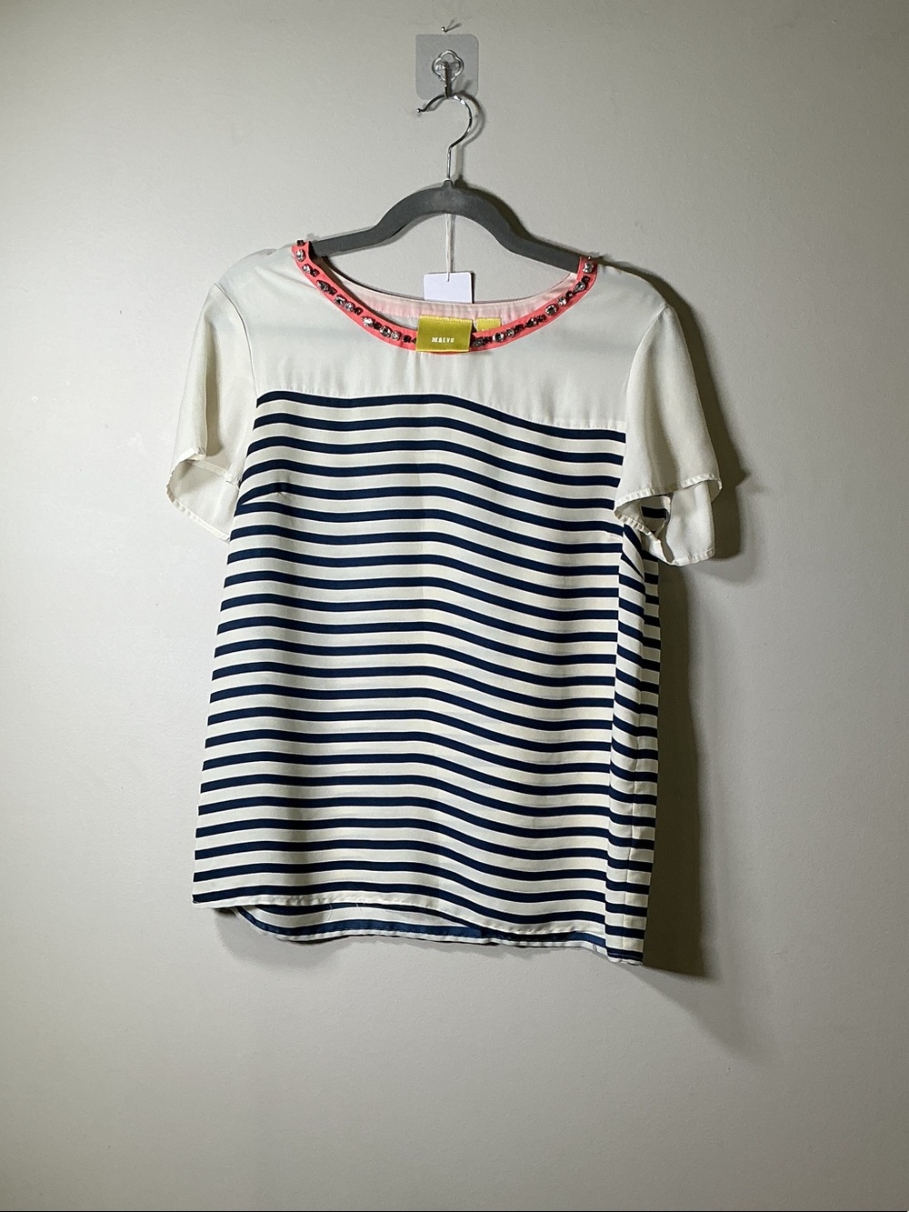 Maeve Navy & Cream Striped Short-Sleeve Top with Pink Beaded Trim size Med.